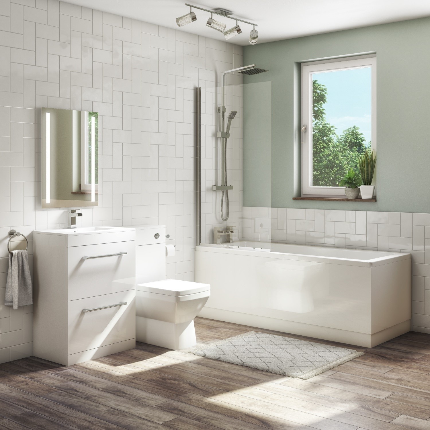 1700mm Straight Bath Suite with Front Panel Toilet Basin Vanity
