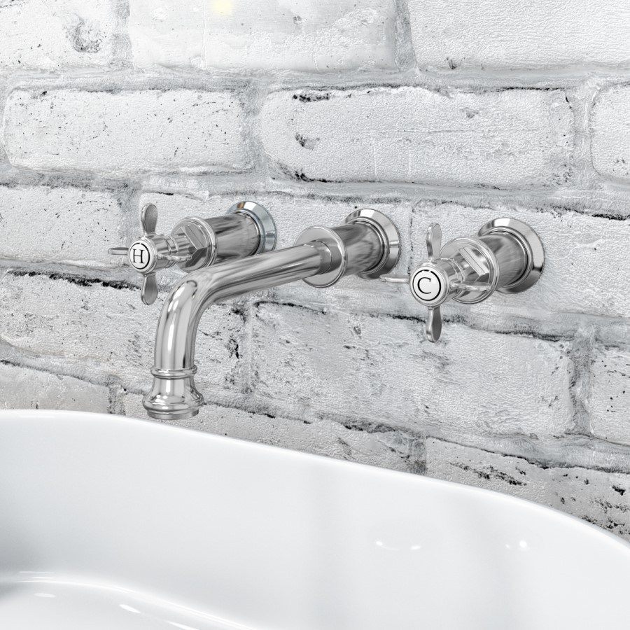 Wall Mounted Chrome Double Lever Basin Mixer Tap - Camden