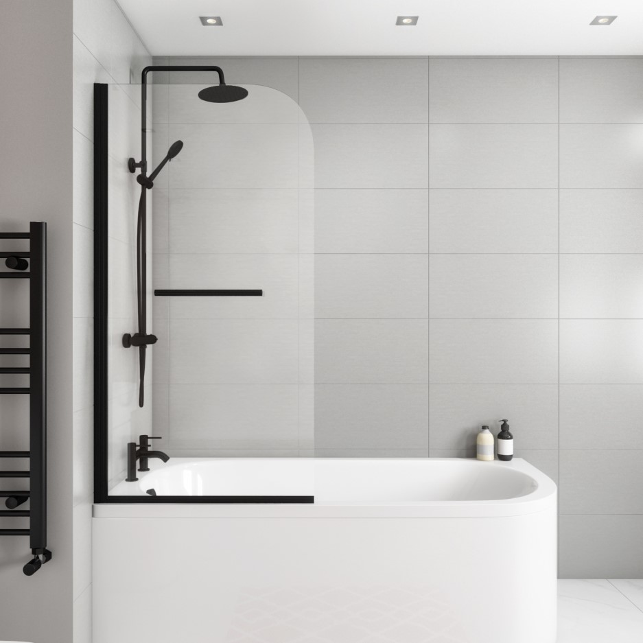 Saturn Hinged 1450mm 6mm Matt Black Bath Screen with Towel Rail