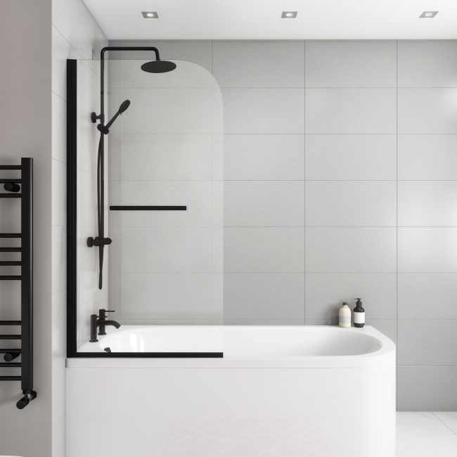 Black Bath Shower Screen with Towel Rail 1450mm - Saturn