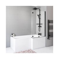 L Shaped Black Framed Shower Bath Screen with Towel Rail 1450mm - Pluto