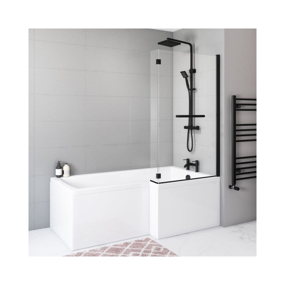 Pluto L Shape Matt Black Bath Screen with Towel Rail 1450mm Better