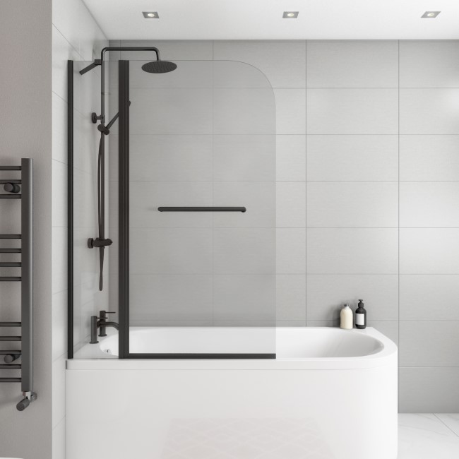 Black Framed Shower Bath Screen with Fixed Panel & Towel Rail 1450mm - Selene