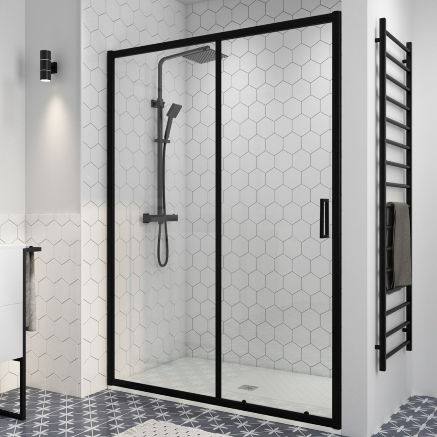 GRADE A2 - Black 1000mm Sliding Shower Door 8mm Glass - Pavo