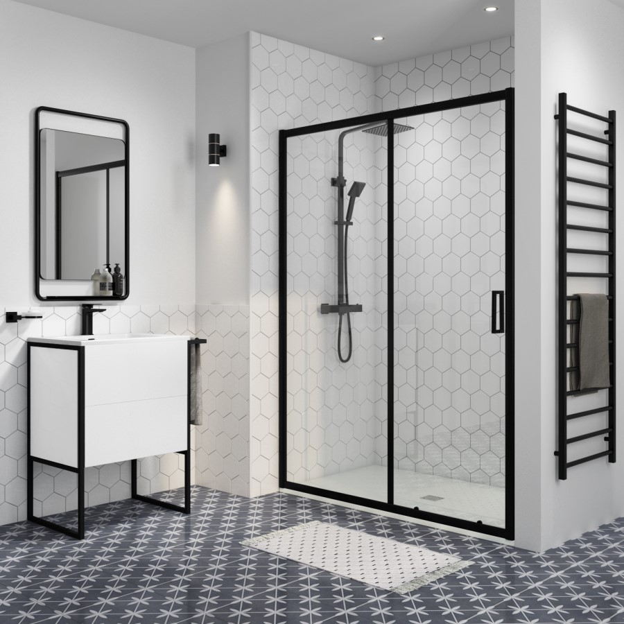 GRADE A2 - Black 1000mm Sliding Shower Door 8mm Glass - Pavo