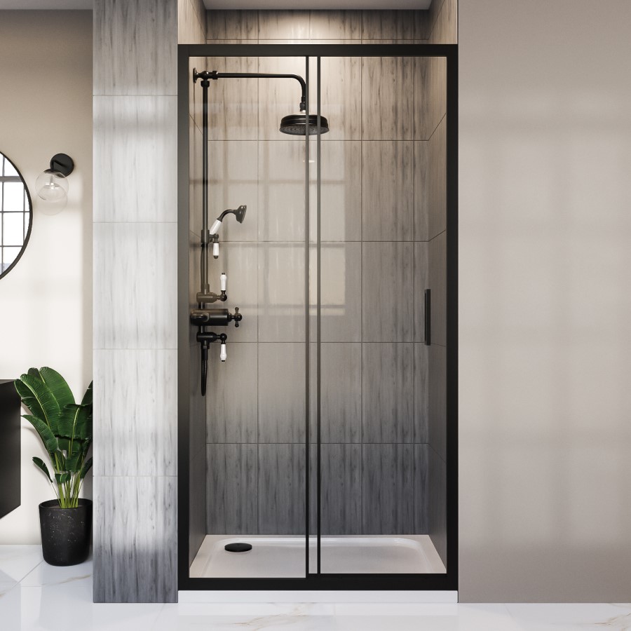 ONLY OPENED - Black Sliding Shower Door 1200mm 8mm Glass - Pavo