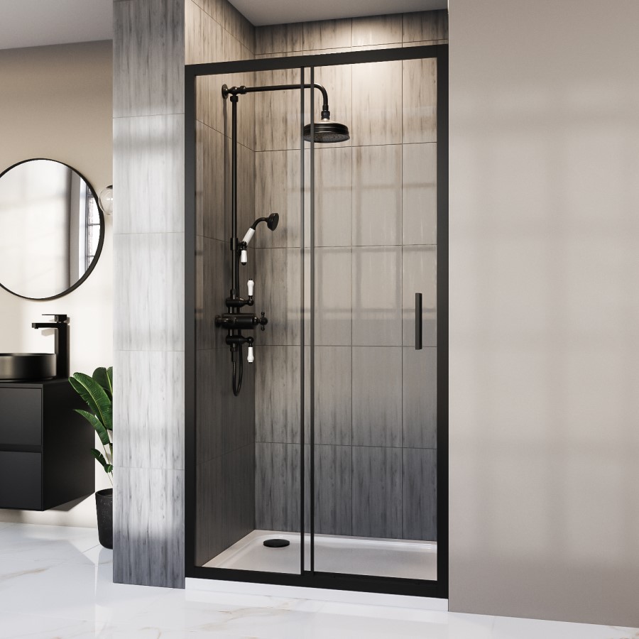 ONLY OPENED - Black Sliding Shower Door 1200mm 8mm Glass - Pavo