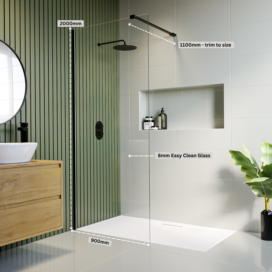 GRADE A1 - Wet Room Shower Screen with Wall Support Bar 900mm - Corvus Matt Black 