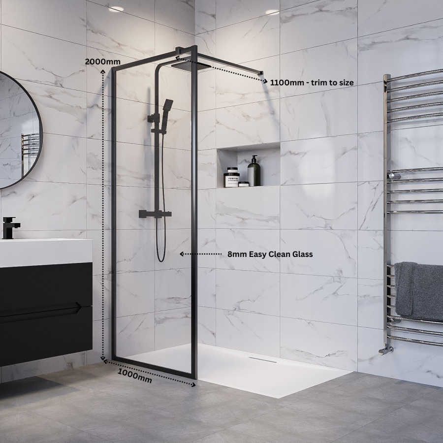 1000mm Black Framed Wet Room Shower Screen - Zolla