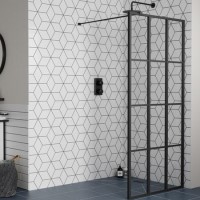 Grade A1 - 800mm Matt Black Grid Wetroom Screen with 300mm Return Panel - 8mm Glass - Nova
