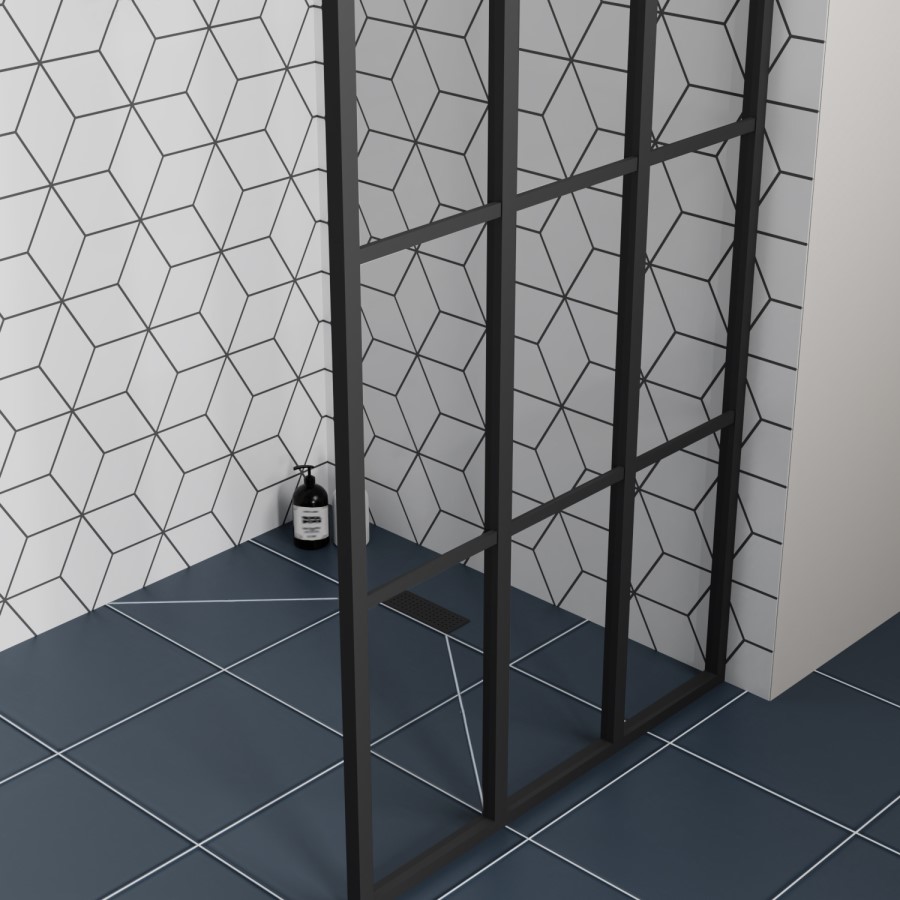Grade A1 - 800mm Matt Black Grid Wetroom Screen with 300mm Return Panel - 8mm Glass - Nova
