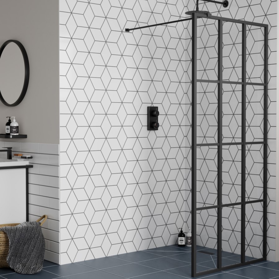 GRADE A2 - Black 1000 Grid Wet Room Shower Screen with Wall Support Bar  - Nova