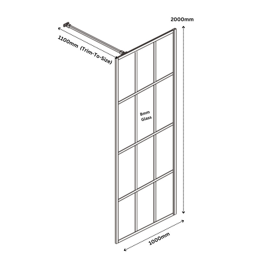 1000mm Black Grid Shower Screen for Wet Room & Walk In Shower - Nova