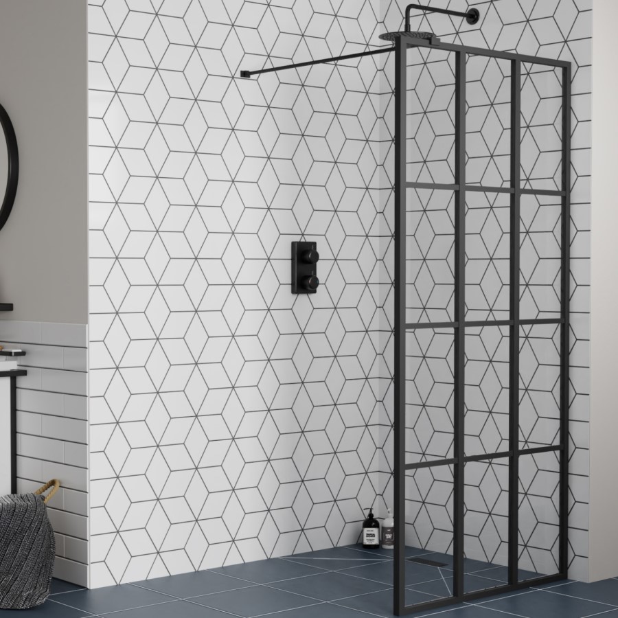 GRADE A1 - Black 1100mm Grid Wet Room Shower Screen with Wall Support Bar - Nova