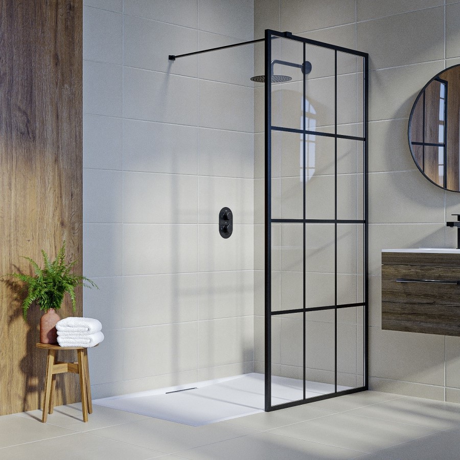 GRADE A1 - 1400mm Black Grid Framework Wet Room Shower Screen - Nova
