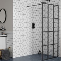 GRADE A1 - 1400mm Black Grid Framework Wet Room Shower Screen - Nova