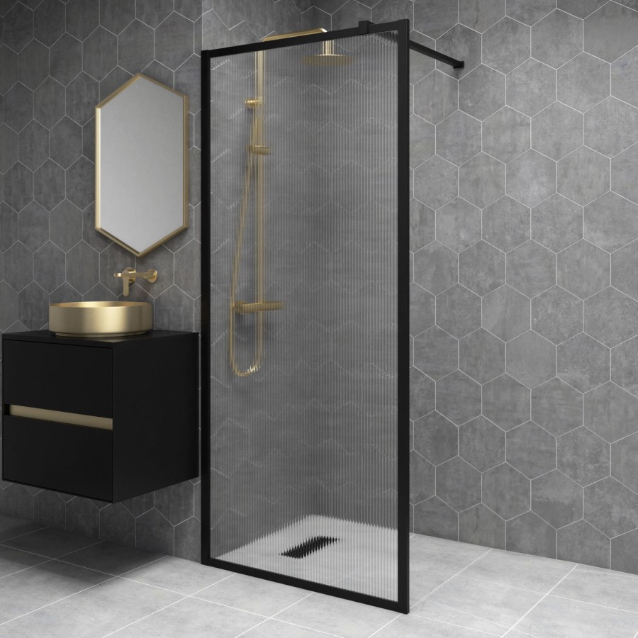 900mm Black Fluted Glass Wet Room Shower Screen - Volan