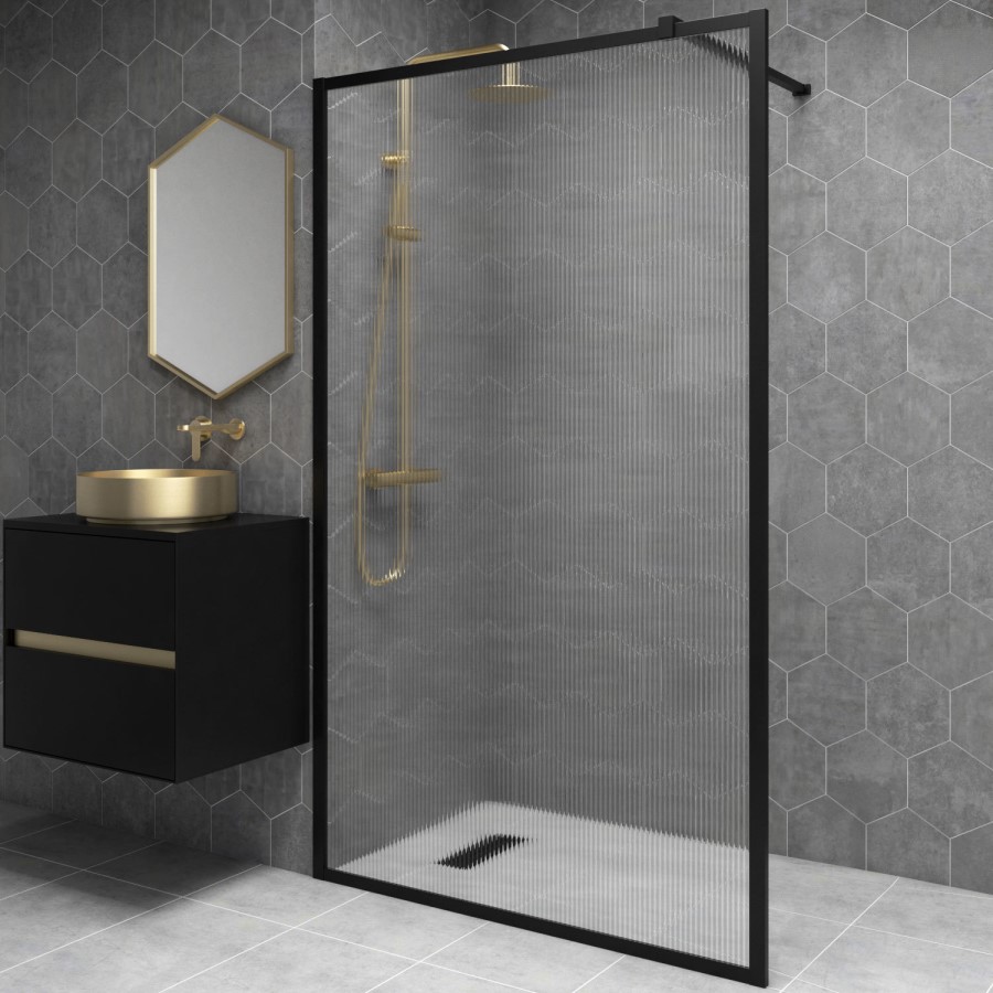 1400mm Black Fluted Glass Wet Room Shower Screen - Volan
