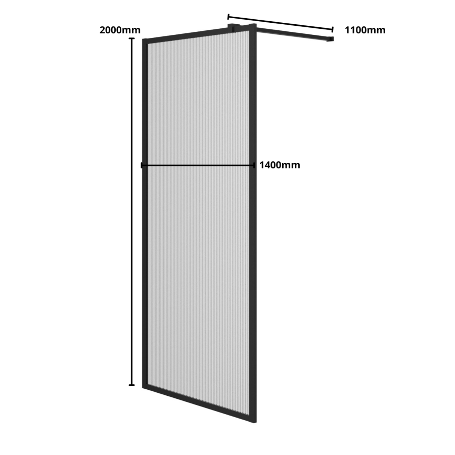 1400mm Black Fluted Glass Wet Room Shower Screen - Volan