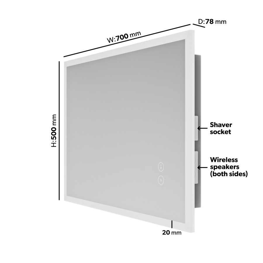 GRADE A1 - LED Bathroom Mirror with Bluetooth & Shaver Socket 700 x 500mm - Divine