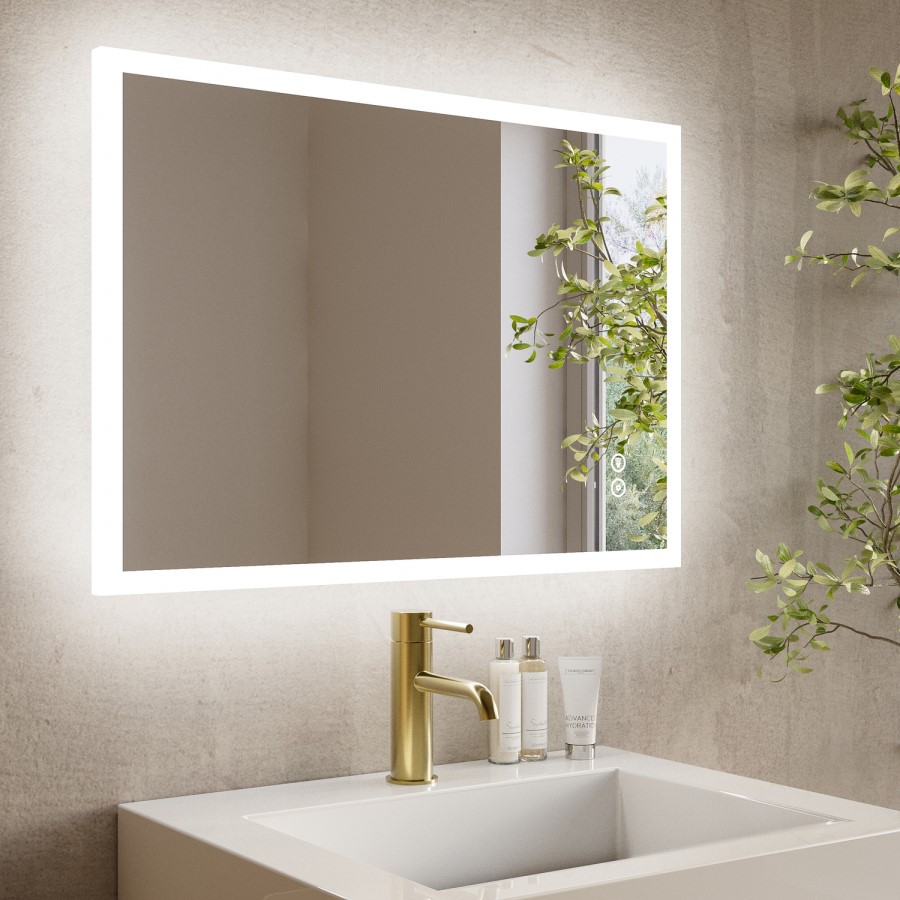 Rectangular Heated Bathroom Mirror with Lights Shaver Socket & Bluetooth Speaker 700 x 500mm - Divine