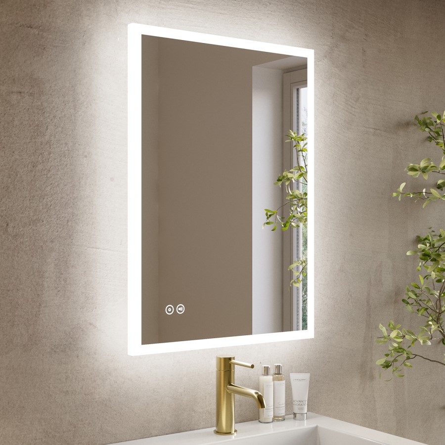 Rectangular Heated Bathroom Mirror with Lights Shaver Socket & Bluetooth Speaker 700 x 500mm - Divine
