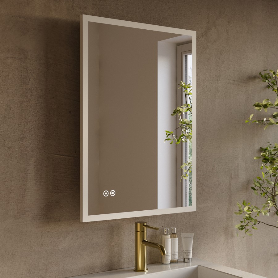 Rectangular Heated Bathroom Mirror with Lights Shaver Socket & Bluetooth Speaker 700 x 500mm - Divine