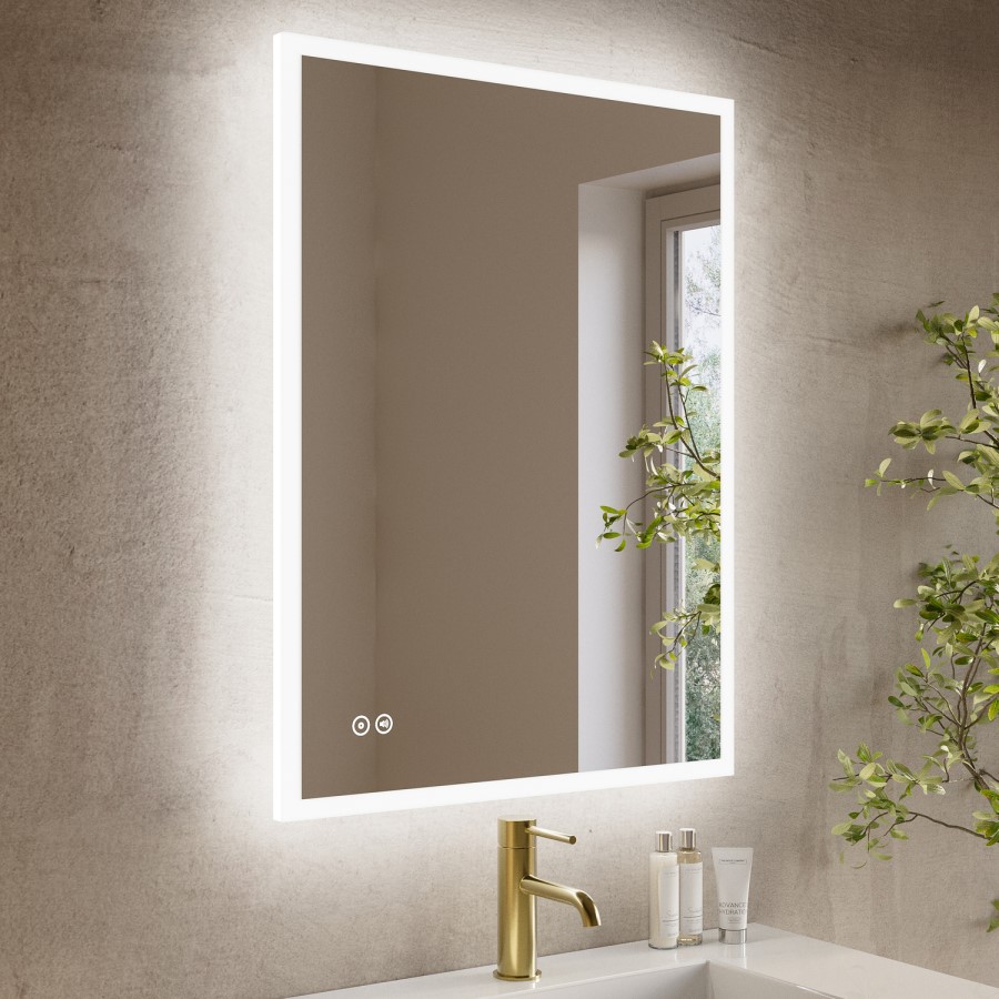 Rectangular Heated Bathroom Mirror with Lights Shaver Socket & Bluetooth Speaker 800 x 600mm - Divine
