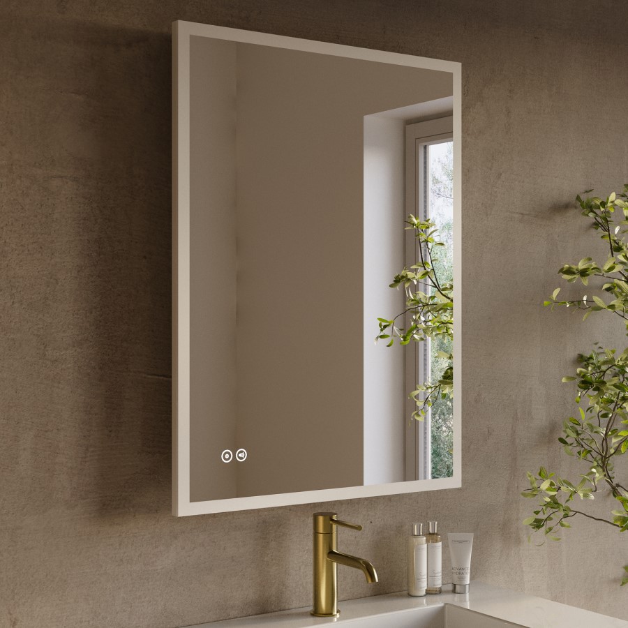Rectangular Heated Bathroom Mirror with Lights Shaver Socket & Bluetooth Speaker 800 x 600mm - Divine