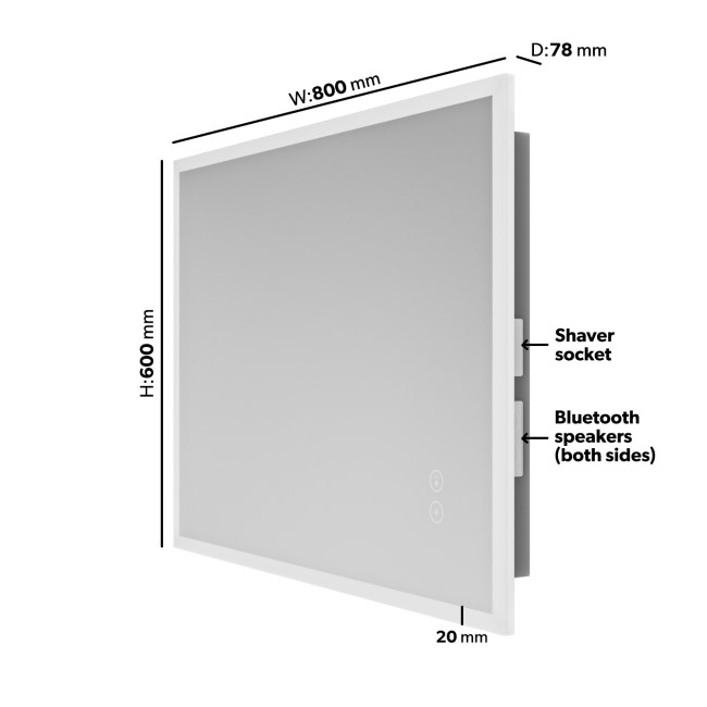 Rectangular LED Heated Bathroom Mirror with Bluetooth & Shaver Socket 800 x 600mm - Divine