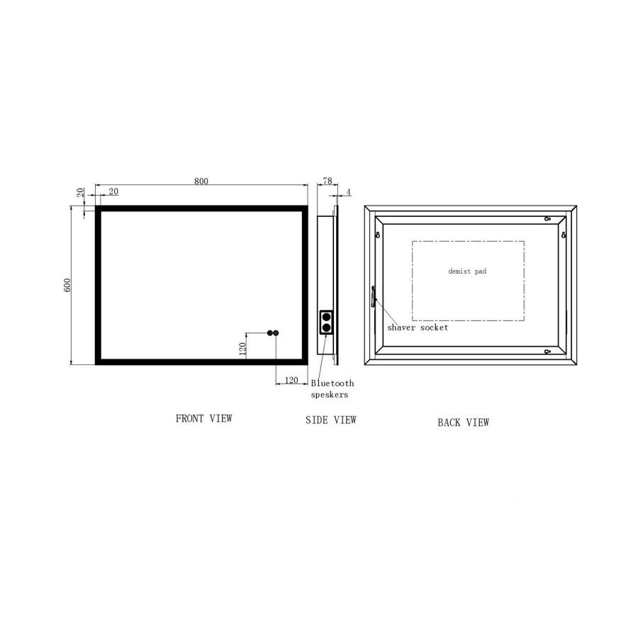 GRADE A1 - Rectangular LED Bathroom Mirror with Bluetooth & Shaver Socket 800 x 600mm - Divine