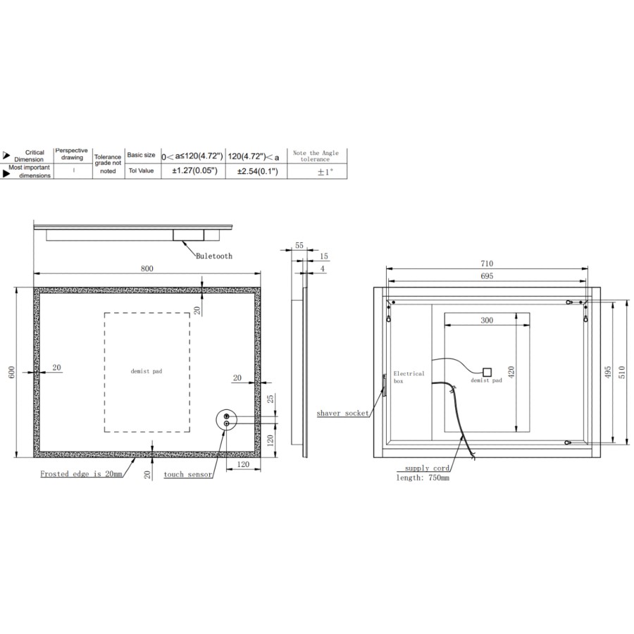 Rectangular Heated Bathroom Mirror with Lights Shaver Socket & Bluetooth Speaker 800 x 600mm - Divine