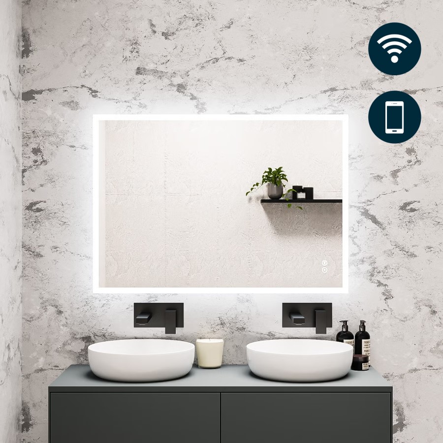 ONLY OPENED - Rectangular LED Bathroom Mirror with Bluetooth & Shaver Socket 1000 x 700mm - Divine