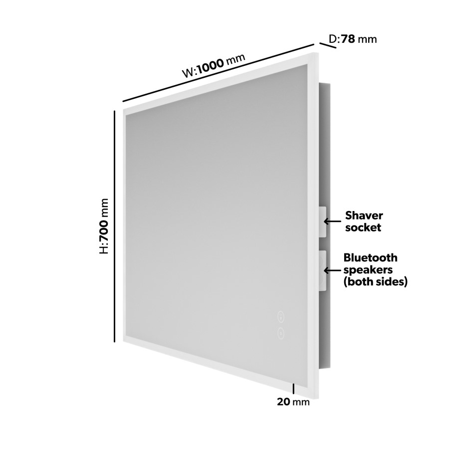 ONLY OPENED - Rectangular LED Bathroom Mirror with Bluetooth & Shaver Socket 1000 x 700mm - Divine