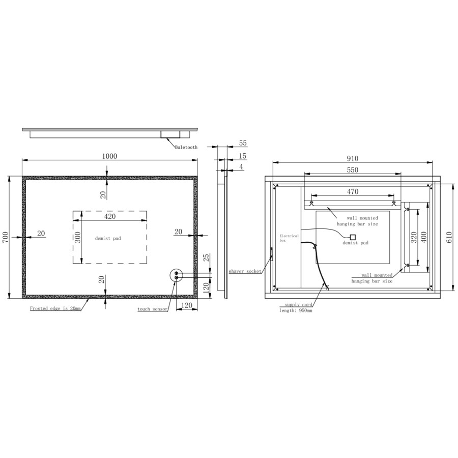 Rectangular LED Bathroom Mirror with Bluetooth & Shaver Socket 1000 x 700mm - Divine