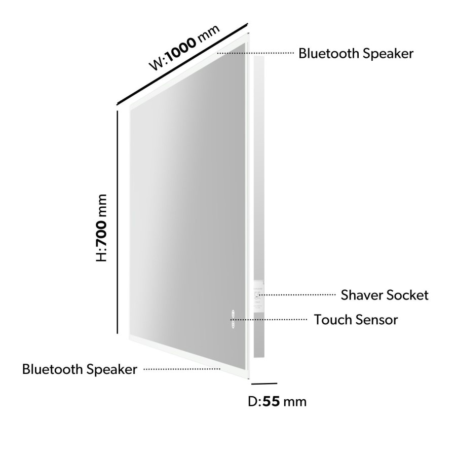 Rectangular LED Bathroom Mirror with Bluetooth & Shaver Socket 1000 x 700mm - Divine