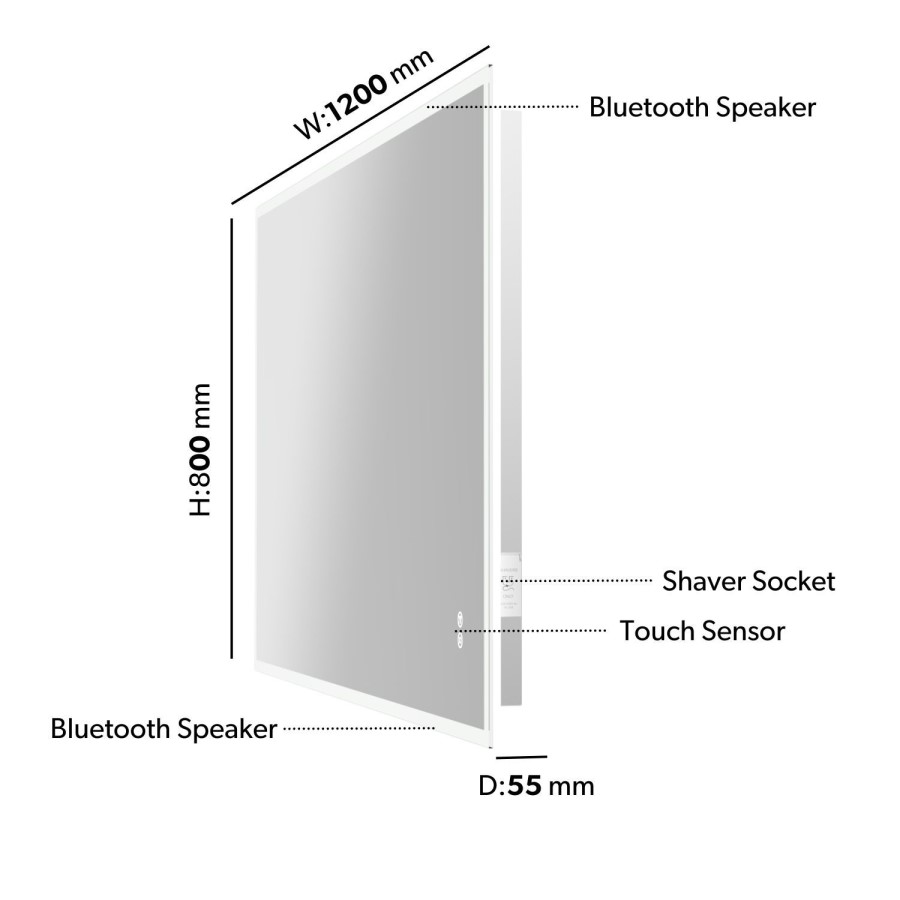 Rectangular Heated Bathroom Mirror with Lights Shaver Socket & Bluetooth Speaker 1200 x 800mm - Divine