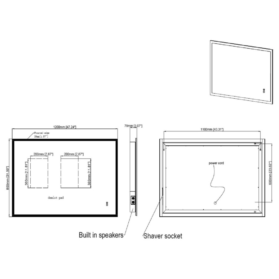 ONLY OPENED - Rectangular LED Bathroom Mirror with Bluetooth & Shaver Socket 1200 x 800mm - Divine