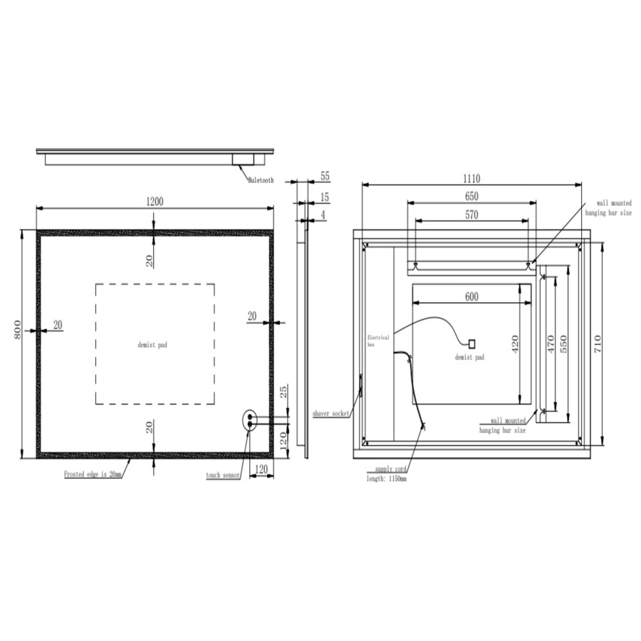 Rectangular Heated Bathroom Mirror with Lights Shaver Socket & Bluetooth Speaker 1200 x 800mm - Divine