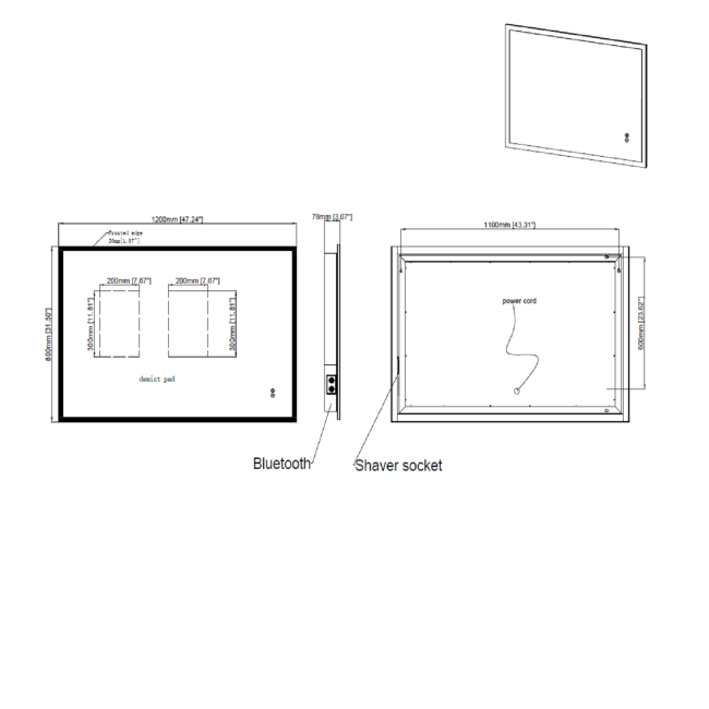 Rectangular LED Bathroom Mirror with Bluetooth & Shaver Socket 1200 x