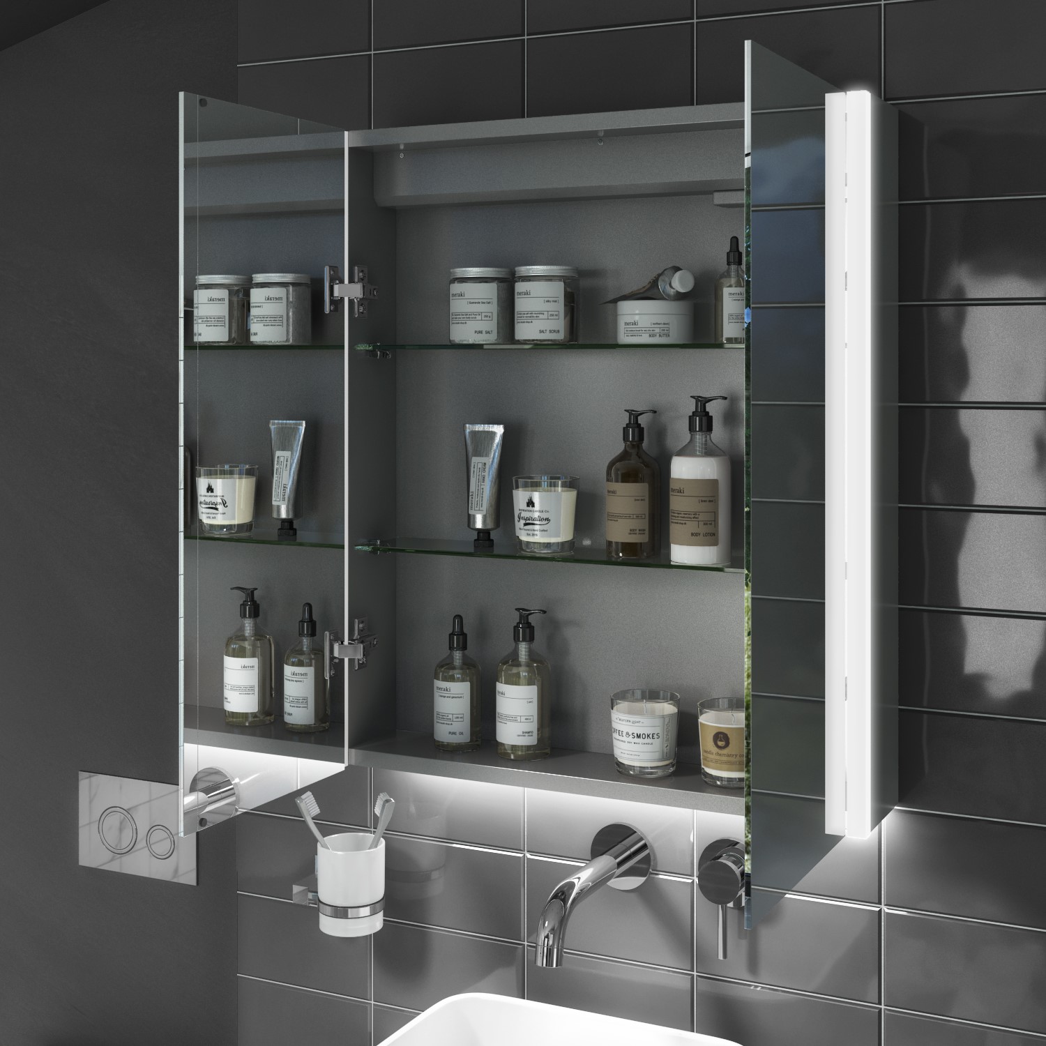 Chrome Mirrored Wall Bathroom with Lights and Shaver Socket 600