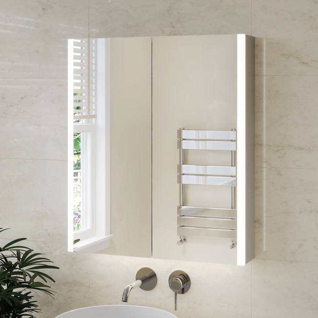 Double Door Chrome Mirrored Bathroom Cabinet with Lights and Shaver ...