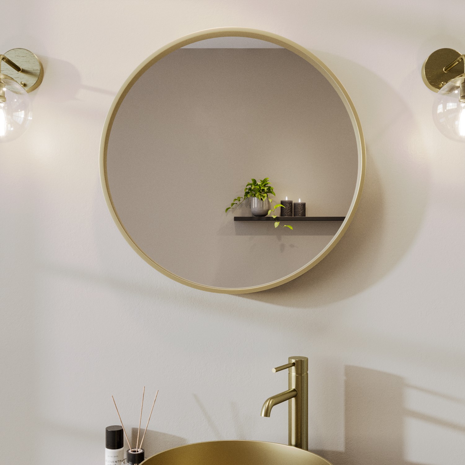 Round Gold Bathroom Mirror 600mm, Brushed Gold Rectangle Bathroom Mirror