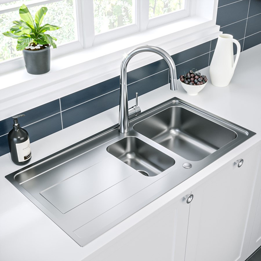 GRADE A2 - 1.5 Bowl Chrome Stainless Steel Kitchen Sink with Reversible Drainer - Enza Isabella