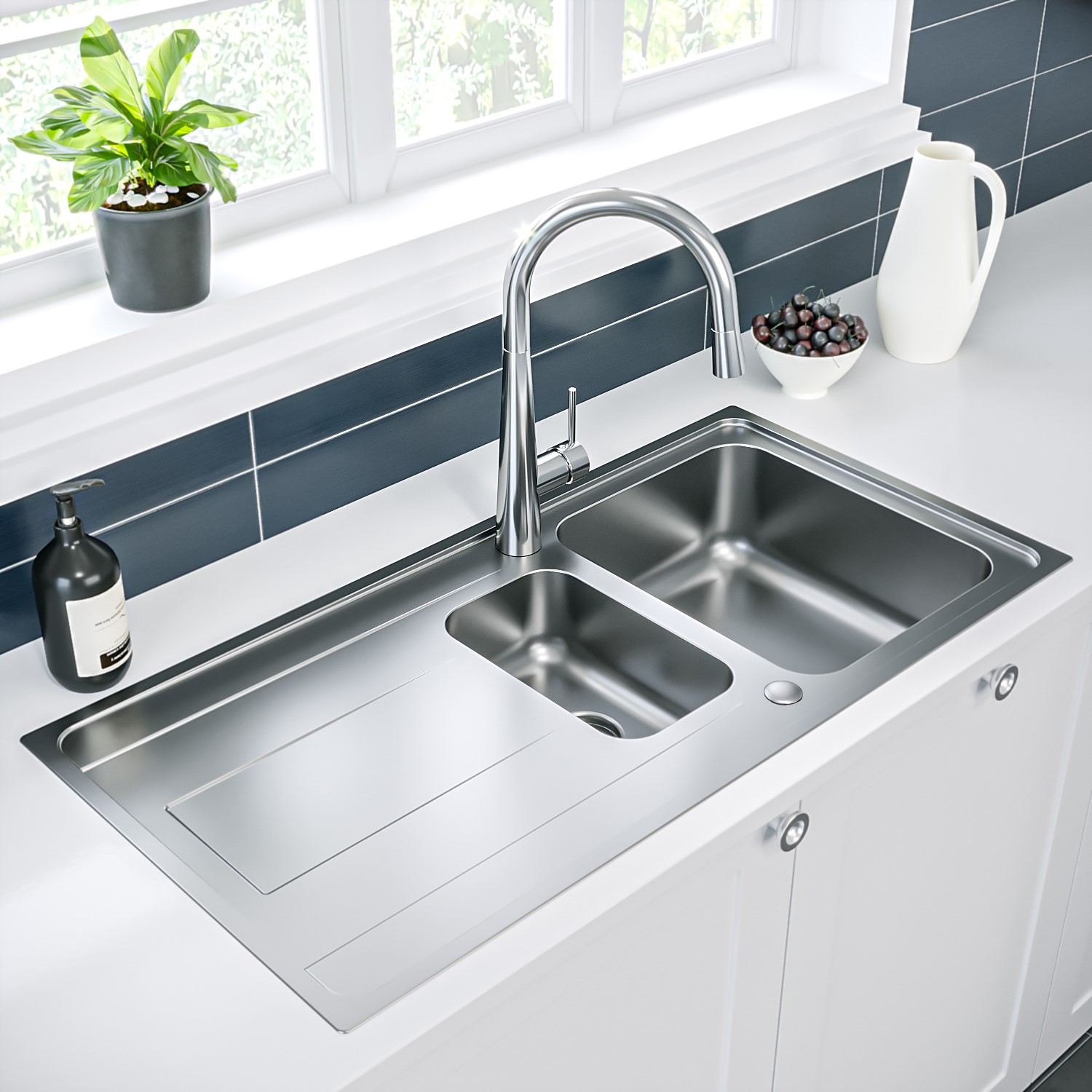 Photos - Bathroom Sink Essence 1.5 Bowl Chrome Inset Stainless Steel Kitchen Sink with Reversible Drainer - Enza Isabella 107167331 