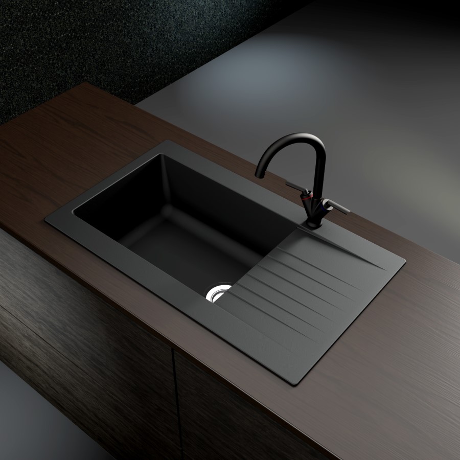 GRADE A2 - Essence Amelia Single Bowl Reversible Drainer  Black Kitchen Sink