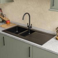 ALMOST PERFECT - 1.5 Bowl Black Composite Kitchen Sink with Reversible Drainer - Essence Amelia ALMOST PERFECT - 1.5 Bowl Black Composite Kitchen Sink with Reversible Drainer - Essence Amelia