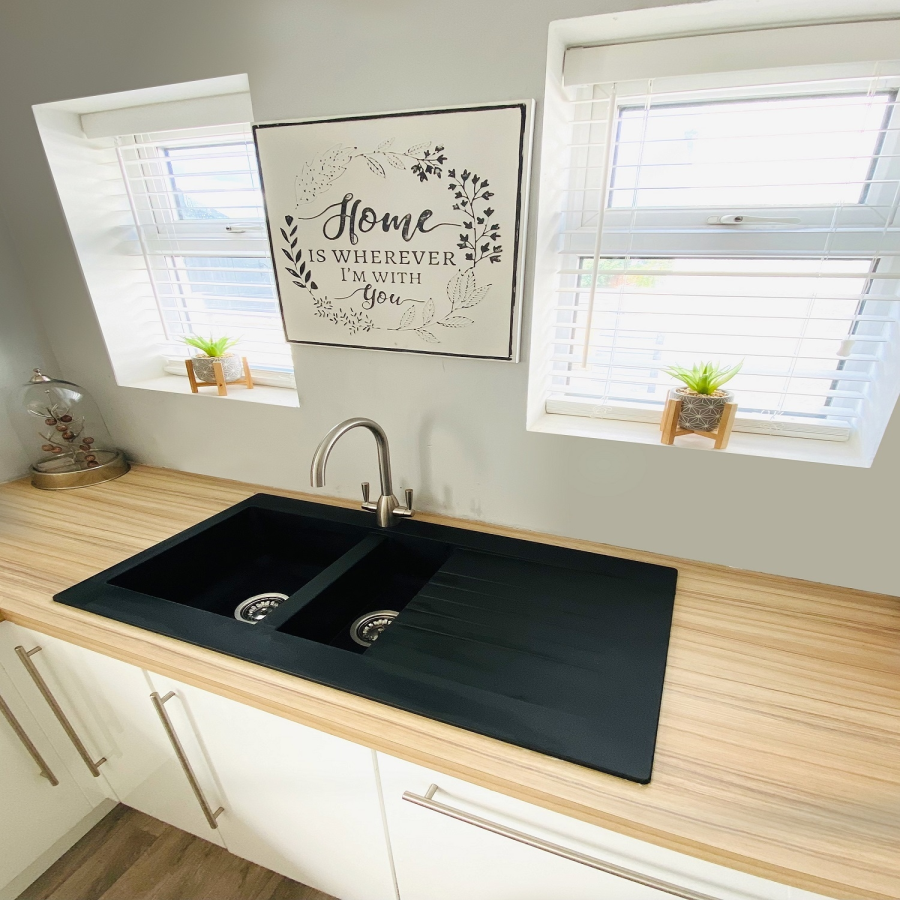 1.5 Bowl Inset Black Composite Kitchen Sink with Reversible Drainer - Essence Amelia