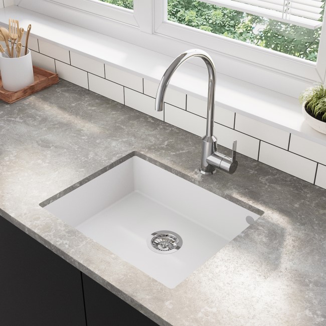 GRADE A1 - Box Opened Enza Madison Single Bowl Undermount White Granite Composite Kitchen Sink