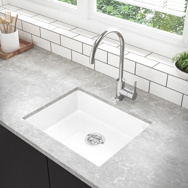 GRADE A1 - Box Opened Enza Madison Single Bowl Undermount White Granite Composite Kitchen Sink